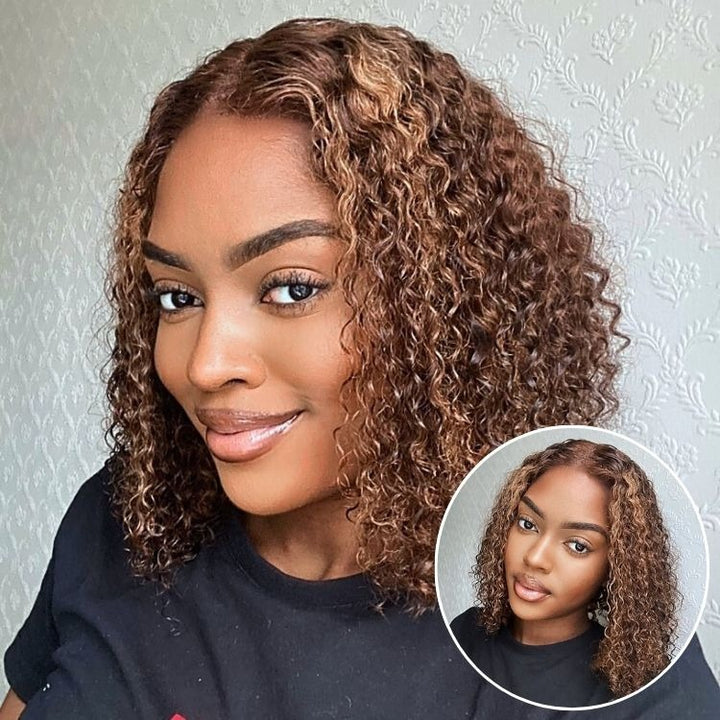 Mix Color Brown Curly Bob Wig Glueless 13x4 Lace Front Short Wig 100% Human Hair