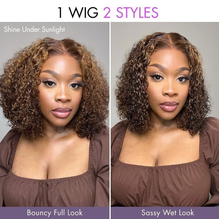 Mix Color Brown Curly Bob Wig Glueless 13x4 Lace Front Short Wig 100% Human Hair
