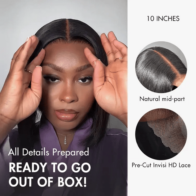 Perruque Bob sans dentelle Laos 8' | Perruque Bob naturelle sans dentelle 8 pouces