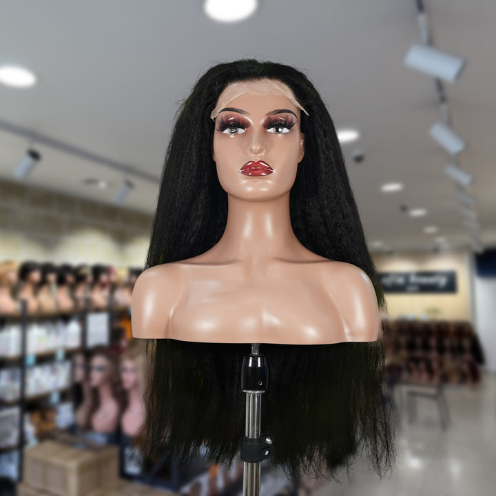 Christy V Natural Black Remy Hair 6x7 Lace Closure Yaki Straight Human Hair Wig