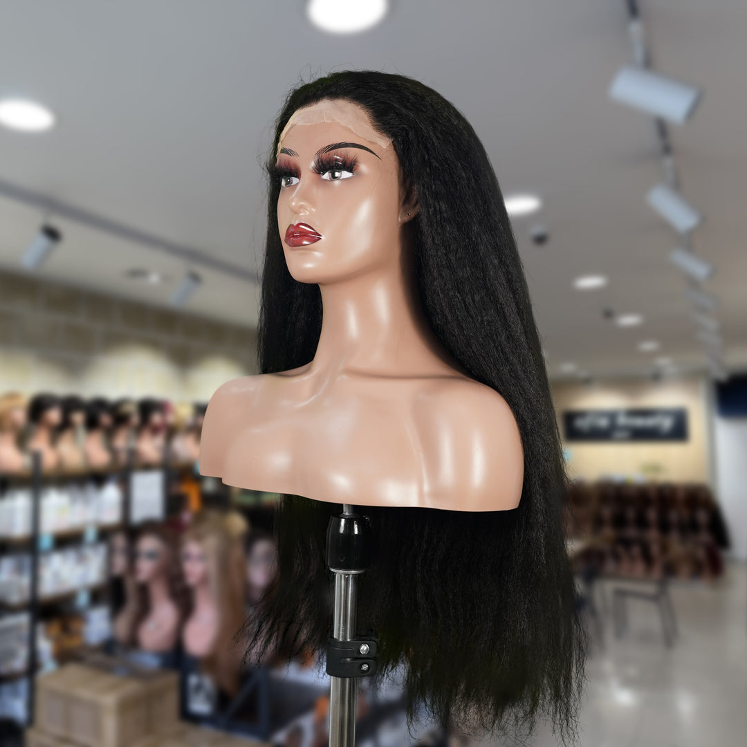 Christy V Natural Black Remy Hair 6x7 Lace Closure Yaki Straight Human Hair Wig