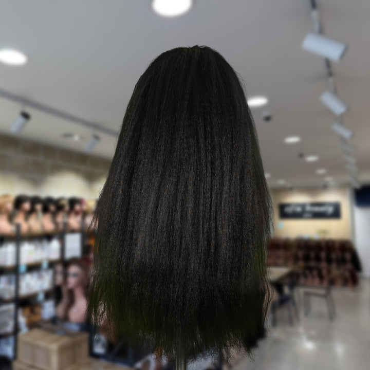 Christy V Natural Black Remy Hair 6x7 Lace Closure Yaki Straight Human Hair Wig