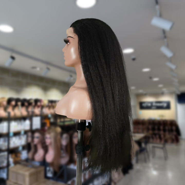 Christy V Natural Black Remy Hair 6x7 Lace Closure Yaki Straight Human Hair Wig