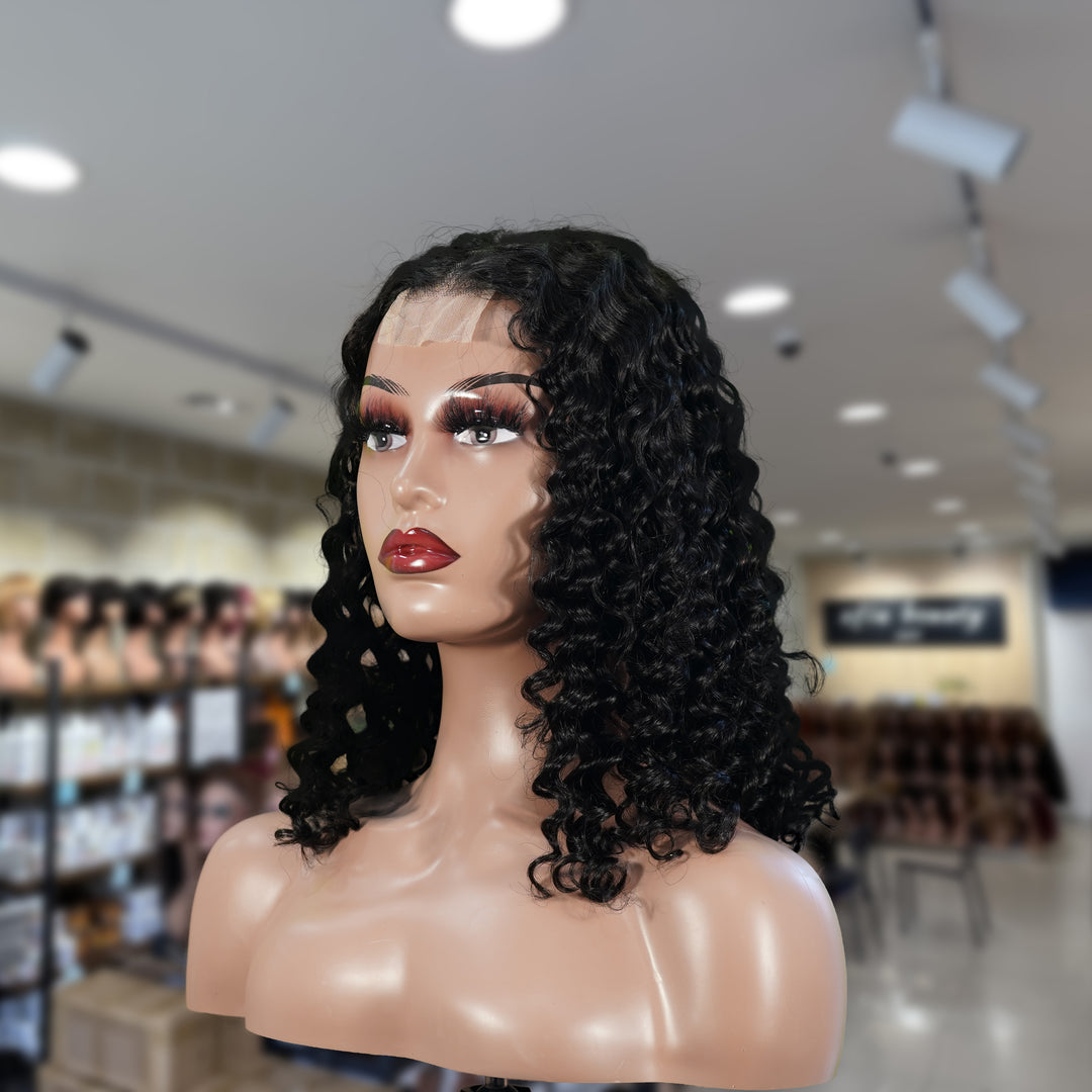 Christy V Natural Black Remy Hair 2x6 Lace Closure Deep Wave Bob Human Hair Wig