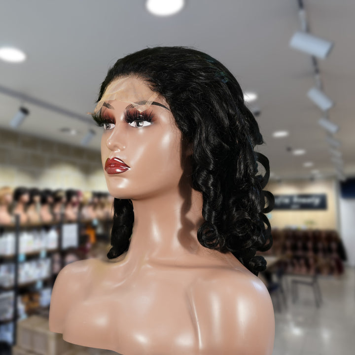 Christy V Natural Black Remy Hair 5x5 Lace Closure Bouncy Curls Human Hair Wig