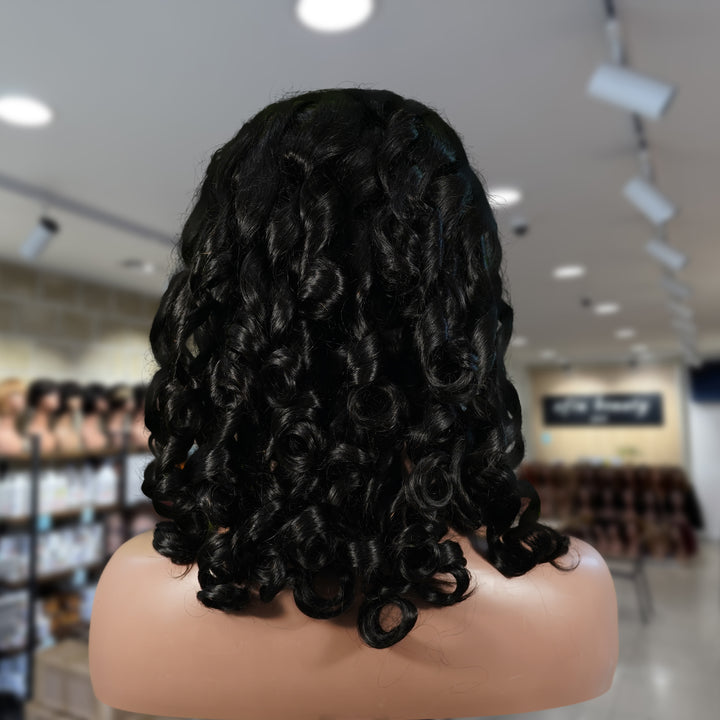 Christy V Natural Black Remy Hair 5x5 Lace Closure Bouncy Curls Human Hair Wig