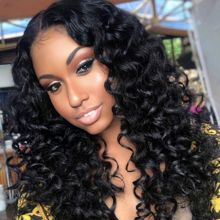Christy V Natural Black Remy Hair 5x5 Lace Closure Bouncy Curls Human Hair Wig
