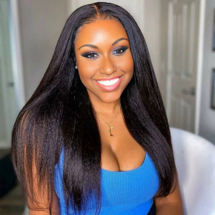 Christy V Natural Black Remy Hair 6x7 Lace Closure Yaki Straight Human Hair Wig